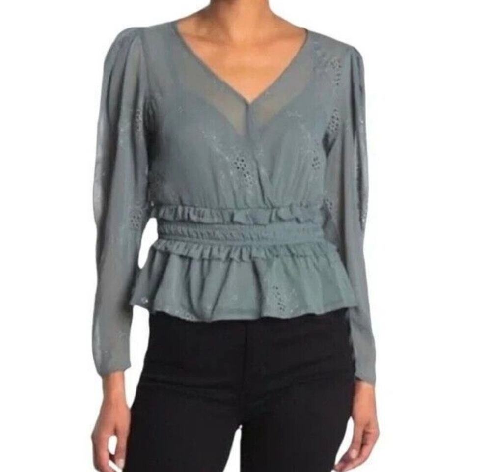 ASTR Boho Chiffon Blouse Top Eyelet Sage Green Cinched Waist Sheer Fairy Cottage